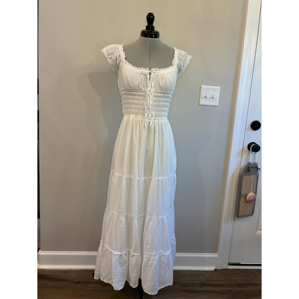 Sim & Sam White Cotton Smocked Tiered Maxi Dress Small Cottagecore Milkmaid